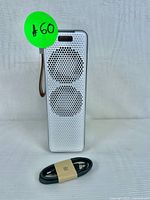 Front view of Ausanat portable air purifier with black USB charging cable below it, showing perforated grille and dual circular vents along with brown wrist strap on the top side.