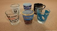 Photo showing all six souvenir shot glasses grouped, displaying varied colors and texts representing US travel destinations.