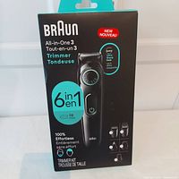 Front view of the Braun All-in-One 3 trimmer box showing product image and 6-in-1 functionality.