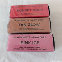Boxed Nudestix Nudies Matte + Glow Core face blush sticks in Pink Ice, Sunset Gold, and Tan Glow showing names and net weight 6g.