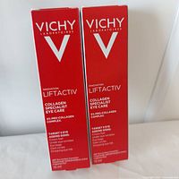 Two boxed Vichy Liftactiv Collagen Specialist Eye Care 15ml products standing upright showing front panel with branding and product name