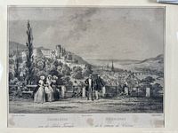 Close-up of the engraving showing the detailed Heidelberg scene with figures and landscape.