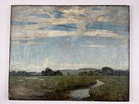 Full view of the oil on canvas painting showing landscape scene with meadow, stream, sheep, and sky
