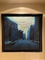 Frontal view of painting showing full composition in metal frame