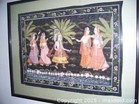 Framed Indian wedding print on silk in excellent condition, showing detailed wedding procession and floral designs