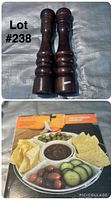 Collage photo with top half showing the same two wooden shakers and the bottom half showing the box for a white sectional tray with three compartments for chips, cucumbers, and dip.