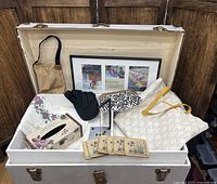 Overall view of lot items arranged inside white trunk with wooden panel background