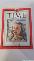 Front cover of the 1948 Time Weekly Magazine showing Barbara Ann Scott with a red border and Canadian maple leaf icon.