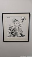 Framed original editorial cartoon depicting a warrior figure with British elements and a smaller figure holding a HELP sign