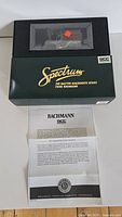 Top view of the Spectrum Bachmann box with the rail truck visible through window, inclusive of the product documentation sheet below.