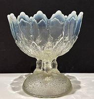 Front view of Northwood opalescent crystal compote dish showing scalloped rim detail and textured base with bubble inclusions.