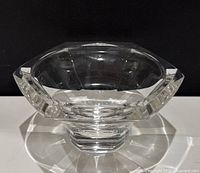 Front and side view of the clear crystal bowl showing its faceted geometric design and signed authenticity.