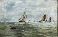 Close view of sailboats on the water, signed LJG at bottom right.