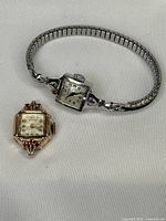 Overview of two watch components: white gold case on expansion band and separate yellow gold bezel with rubies.