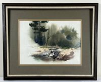 Framed watercolour of river scene with trees and rocks, overall view