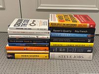 Two stacked images showing stacked hardcover books primarily in business and non-fiction genres.