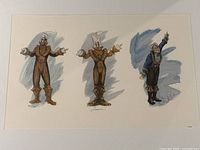 Close-up of the three conceptual character illustrations on the lithograph print, showing signature below center figure and numbering on lower right.
