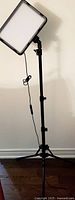 LED light panel mounted on black adjustable tripod stand, viewed from front side with light off.