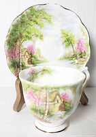Photo of Royal Albert fine bone china teacup and matching saucer displayed on a stand, showing scenic countryside design with a mill house, trees with pink blossoms, and a swan on the water. The cup and saucer have gold trim.