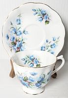 Teacup and saucer displayed showing floral blue bell pattern and gold trim