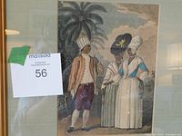 Close-up of the color engraving showing three figures in historical dress near a palm tree, taped with a MaxSold lot number 56.