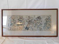 Frontal view of the antique Chinese print in frame, showing five detailed figures and calligraphy.