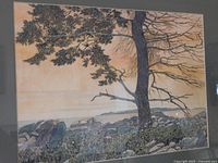 Detailed image of the painting showing central tree and coastal background with warm sky colors.