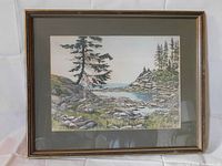 Framed watercolor and ink painting showing rocky coastal inlet with trees and water under sky, with signature visible.