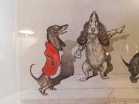 Close-up image showing detailed depiction of dogs including a dachshund in a red jacket and another dog giving a side eye, showing pencil signature and title details.