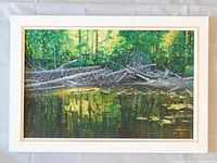 Frontal view of painting in white painted frame showing full composition and colors