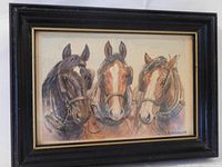Framed original watercolor painting of three horses, showing the full artwork and frame.