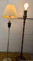 Both floor lamps side by side showing metal and wooden bases, fabric shades, and bulb on wooden lamp