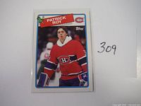 Front side of Patrick Roy 1988 hockey card in Canadiens red jersey