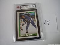 Front view of graded Mats Sundin hockey card in protective slab showing grade 9.5 NGM by KSA.