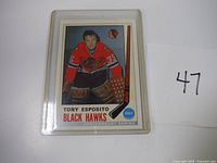 Front of Tony Esposito rookie card showing player in Black Hawks uniform and branding as Anniversary Series Rookie Card.