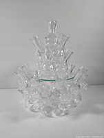 Clear glass propagation station piece with multiple individual bud vases arranged in circular formation, viewed frontally.