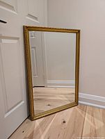 Full view of rectangular mirror leaning against door and wall on hardwood floor.