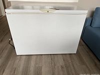 Front view of white chest freezer showing handle latch on top lid, situated on wood floor near blue sofa.