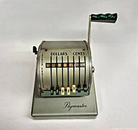Front view of vintage Paymaster check writer showing dollar and cents button keys, number windows, and green handle.