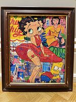 Framed Betty Boop pop art colorful print featuring cartoon characters in vintage wooden frame
