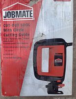 Box showing Jobmate branding and technical details of the cut-out tool with circle cutting guide.