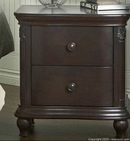 Close-up side view of Pali Gardena Nightstand showing Mocacchino finish, detailed molding, and column-inspired decorative sides.