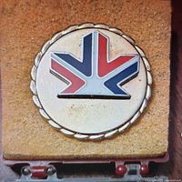 Close-up front view of round Canada pin with stylized maple leaf in red and blue on white background inside twisted rope border.