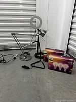 Photo showing two adjustable metal desk lamps and two boxes of Philips LED bulbs