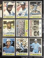 Page of baseball cards featuring Willie Upshaw, Otto Velez, Mike Willis, Alvis Woods, team photo, prospects card, Bob Bailor, Doug Ault, Alan Ashby.