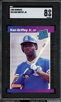Front of 1989 Donruss #33 Ken Griffey Jr. Rated Rookie card encased in SGC holder graded 8 Near Mint.