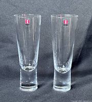 Two clear Iittala Aarne fluted champagne glasses standing upright against a dark fabric backdrop showing original red Iittala brand stickers near the rim.