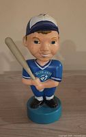 Front view of 7.5 inch tall Toronto Blue Jays bobblehead with blue uniform and bat.