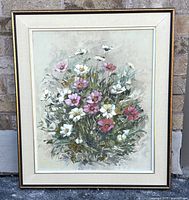 Framed oil painting of cosmos flowers by Lisa Wirth, front view showing entire artwork and frame.