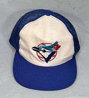 Front view of vintage 90s Toronto Blue Jays snapback cap showing embroidered logo with blue bird, baseball stitches, and red maple leaf on white front panel with blue brim and blue mesh back.